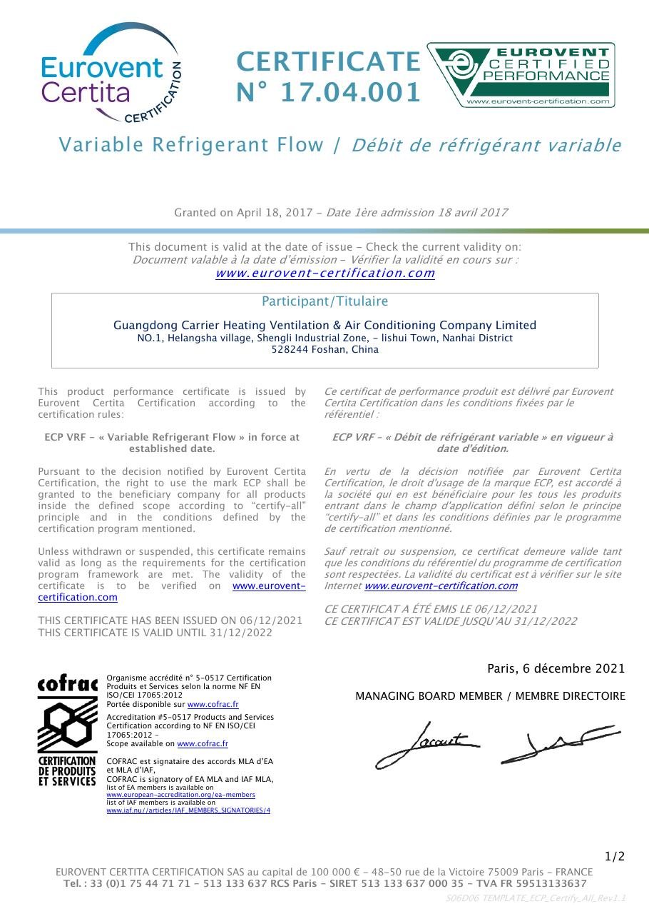 EUROVENT certificate